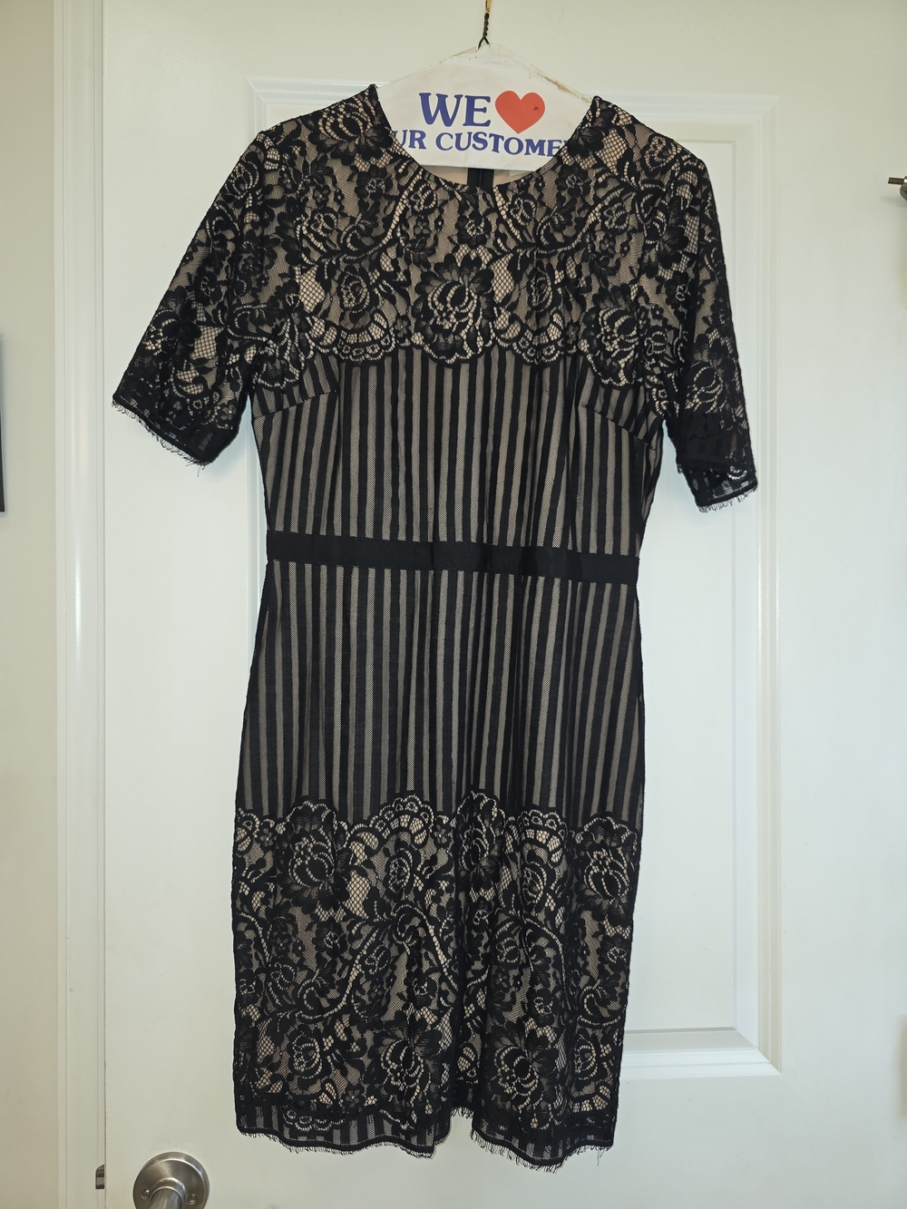 Just Me Black Lace & Nude-Illusion Striped Midi Dress